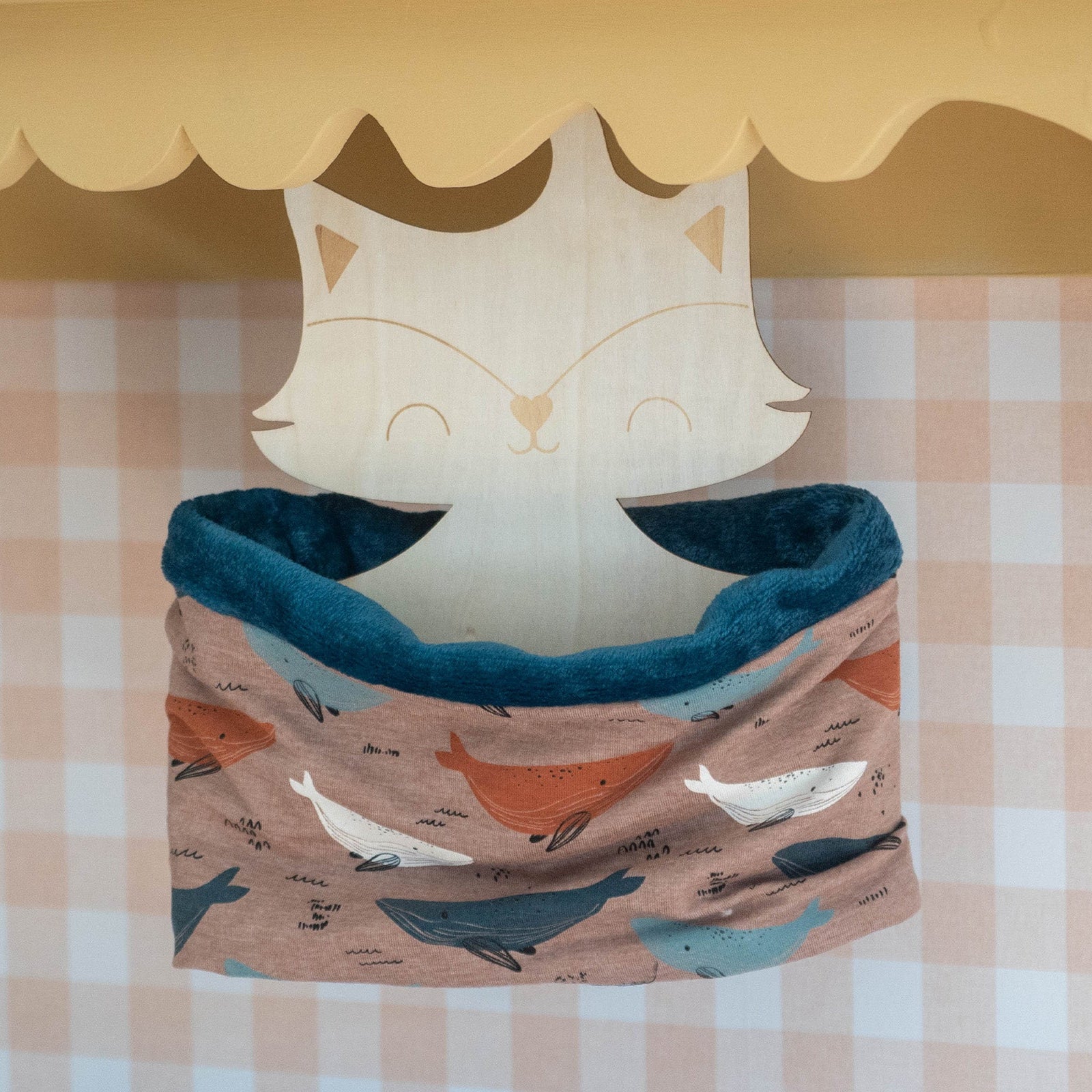 Snood enfant garçon polaire bleu et sweat beige à motifs baleines