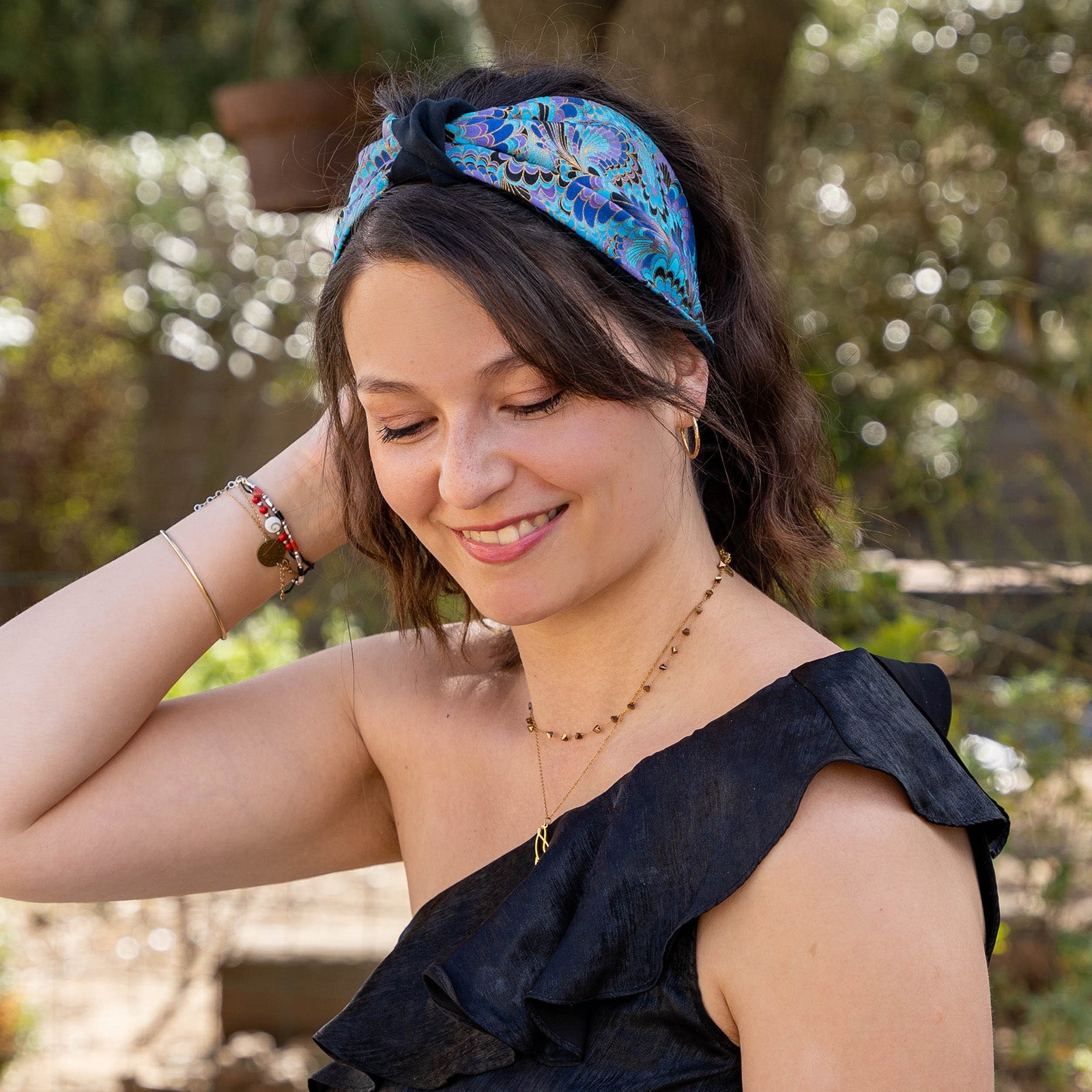 Bandeau cheveux femme en suédine et tissu japonisant bleu turquoise