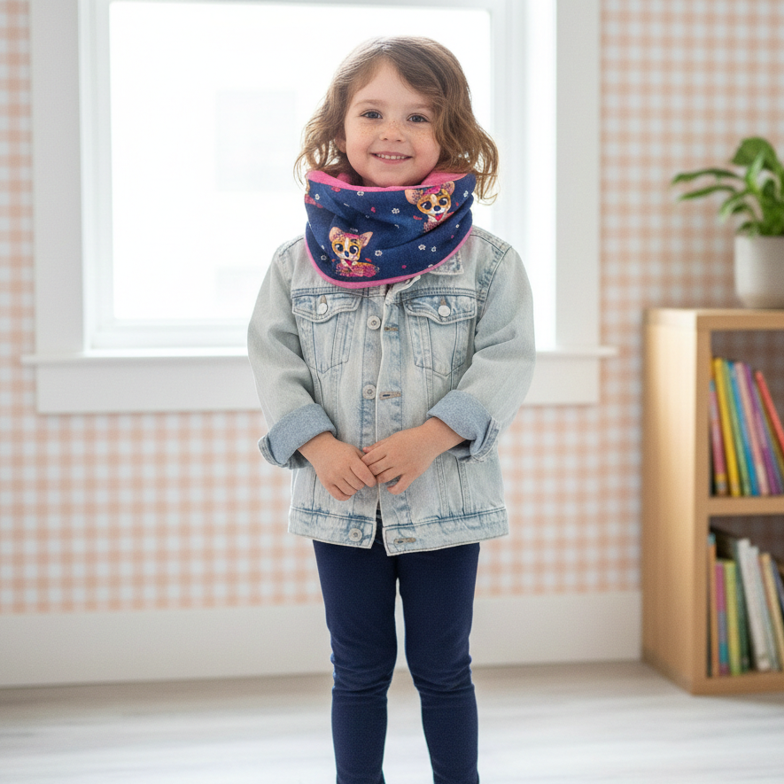 Snood bleu et polaire rose motifs chiens