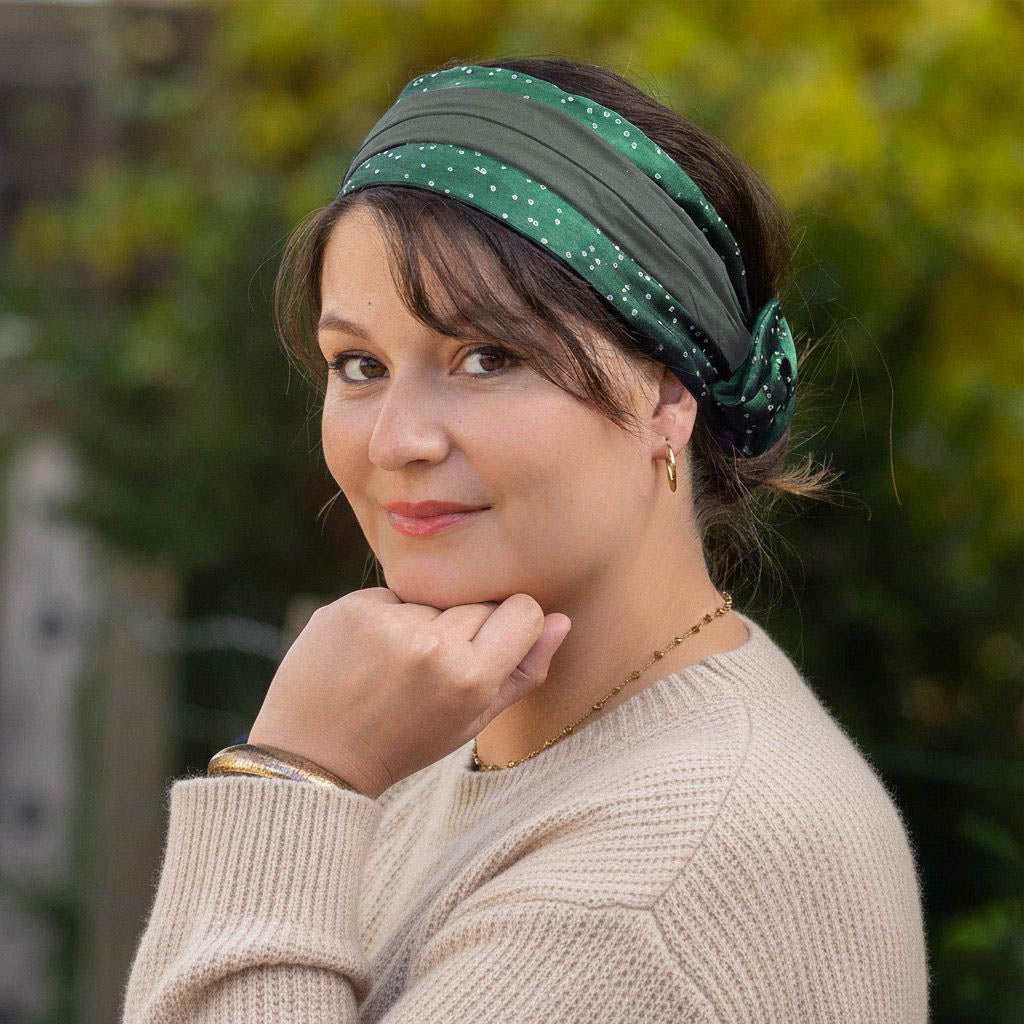 Bandeau cheveux femme coton vert et détails pailletés – Celui d'Evy