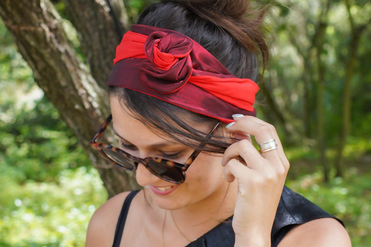 Bandeau cheveux avec fil de fer rouge coton et bordeaux satiné