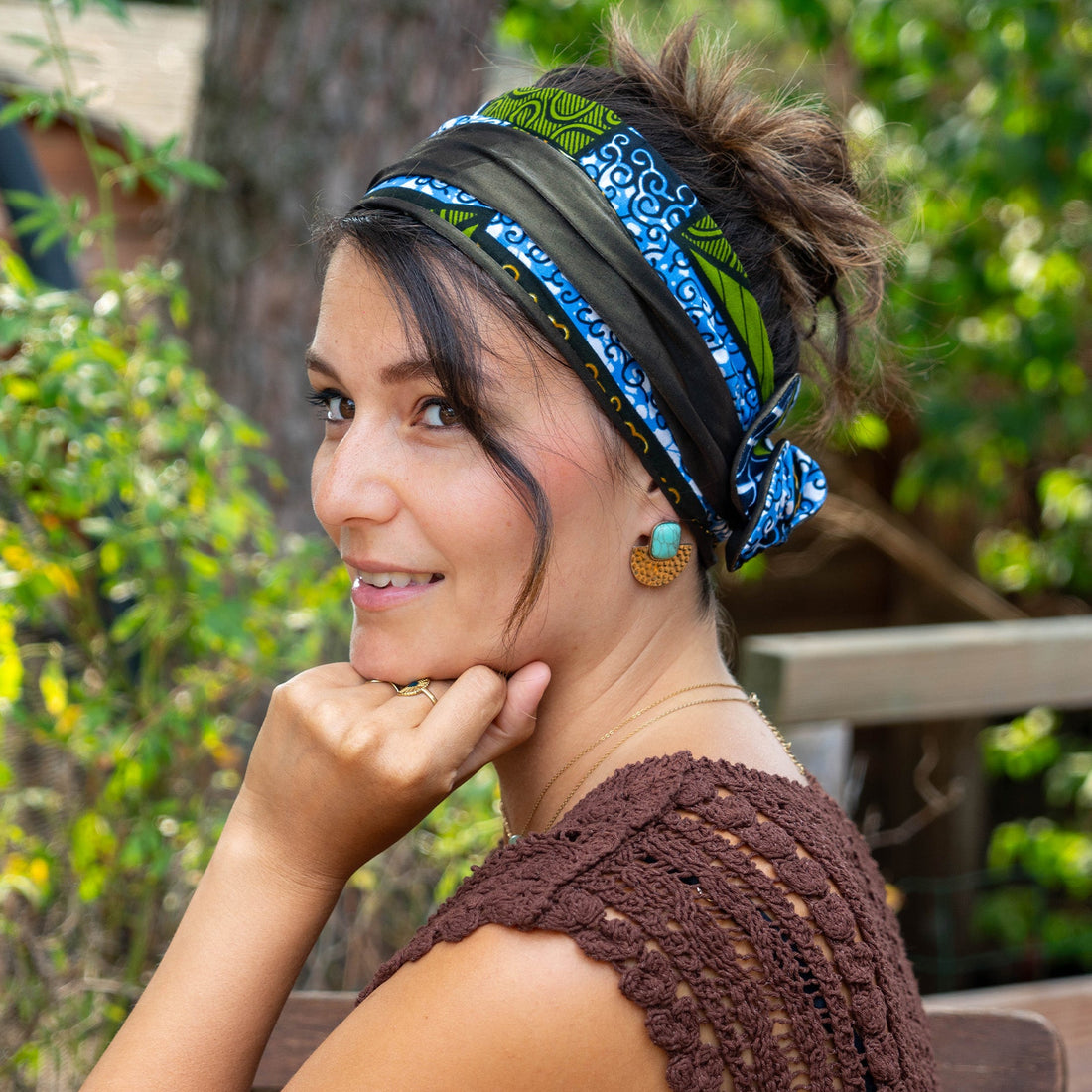 Bandeau cheveux femme bleu et vert wax