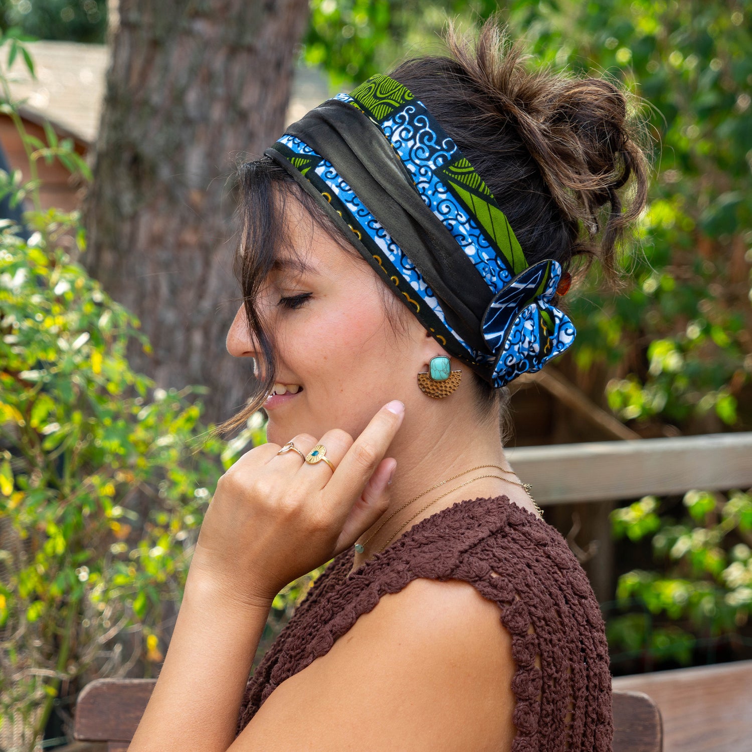 Bandeau cheveux femme bleu et vert wax