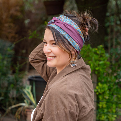 bandeau cheveux femme en coton batik bleu et coton violine 