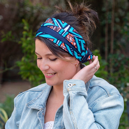 bandeau cheveux femme en coton wax bleu