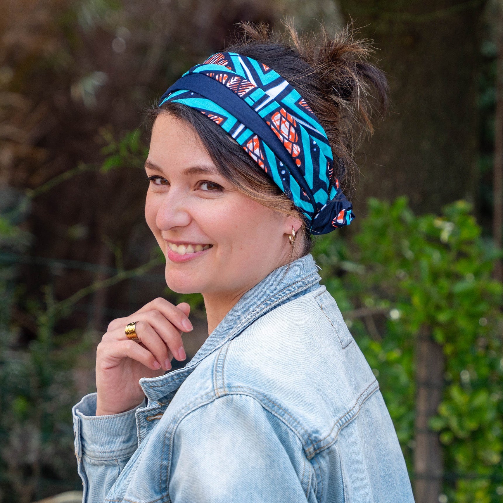 bandeau cheveux femme en coton wax bleu