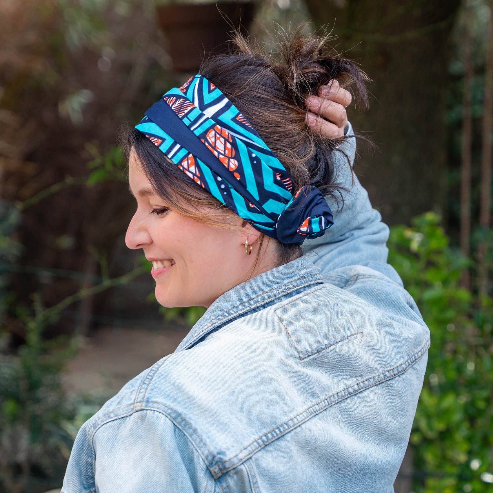 bandeau cheveux femme en coton wax bleu