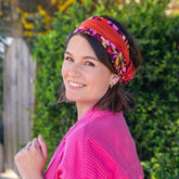 bandeau cheveux femme à motifs fleuris violet et rouille