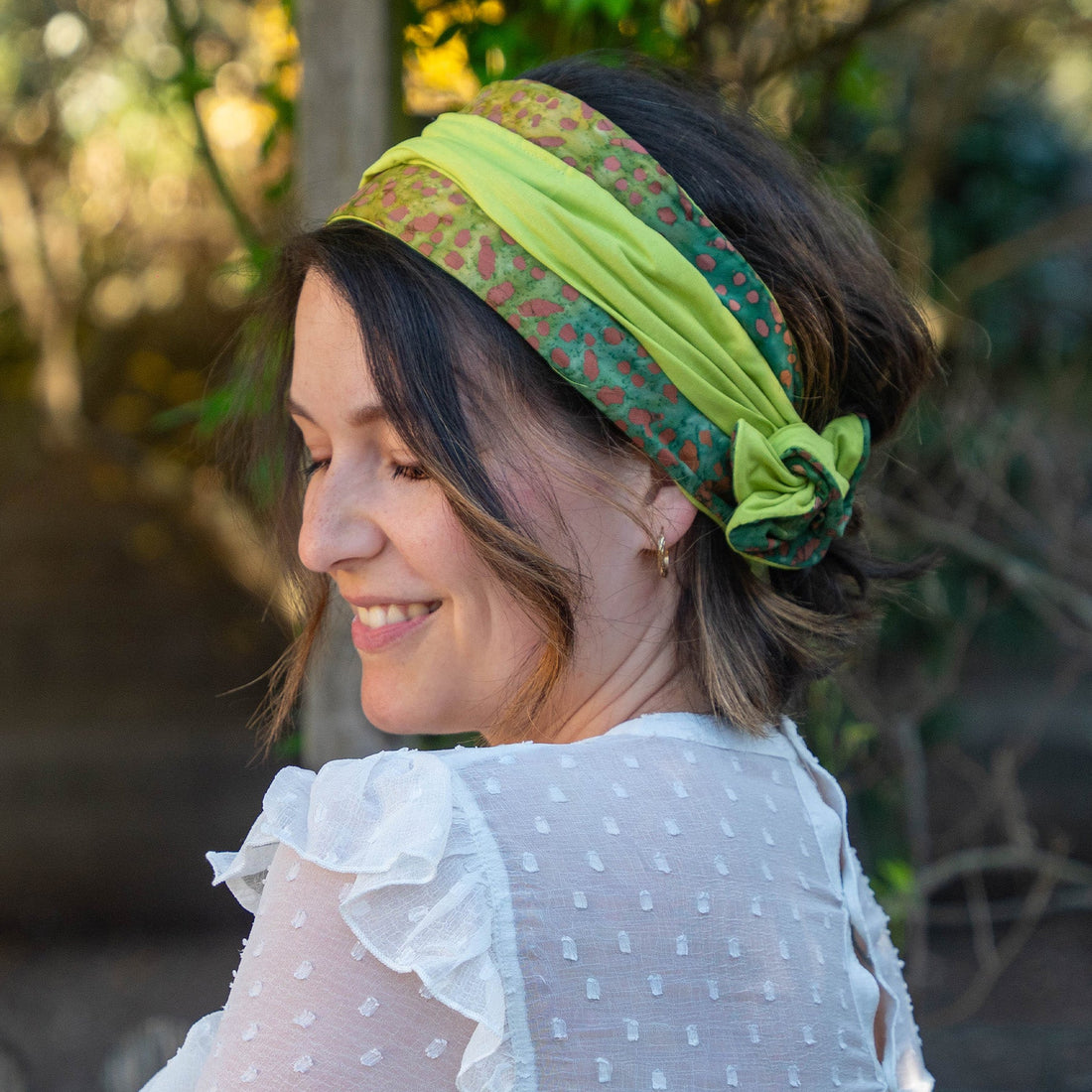 bandeau cheveux femme en coton vert anis et batik