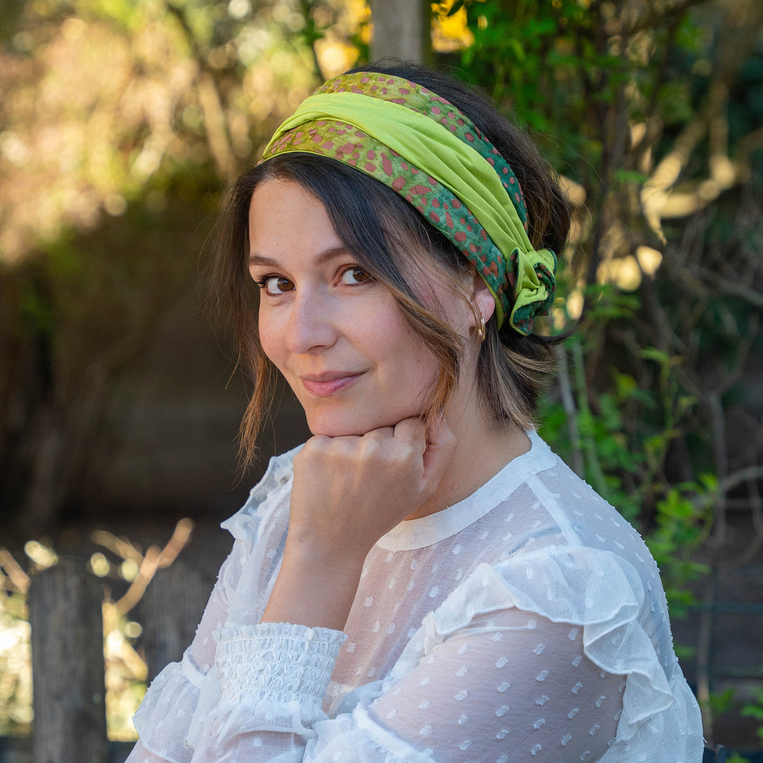 bandeau cheveux femme en coton vert anis et batik