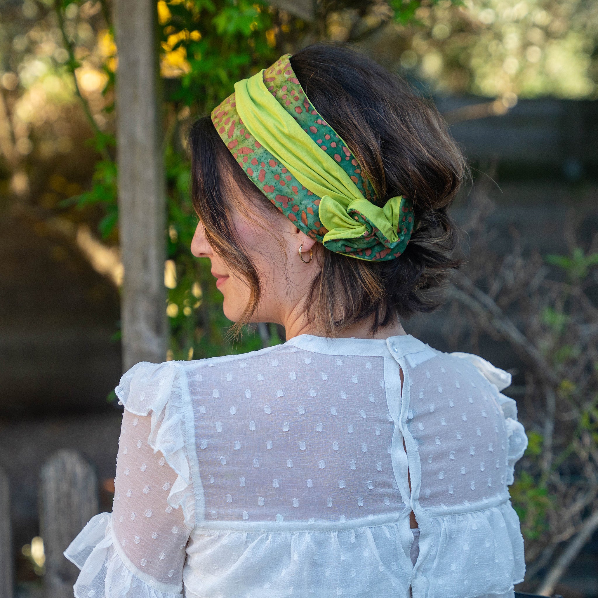 bandeau cheveux femme en coton vert anis et batik