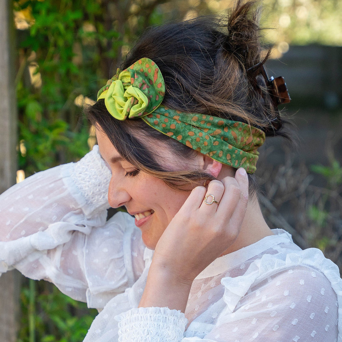 bandeau cheveux femme en coton vert anis et batik