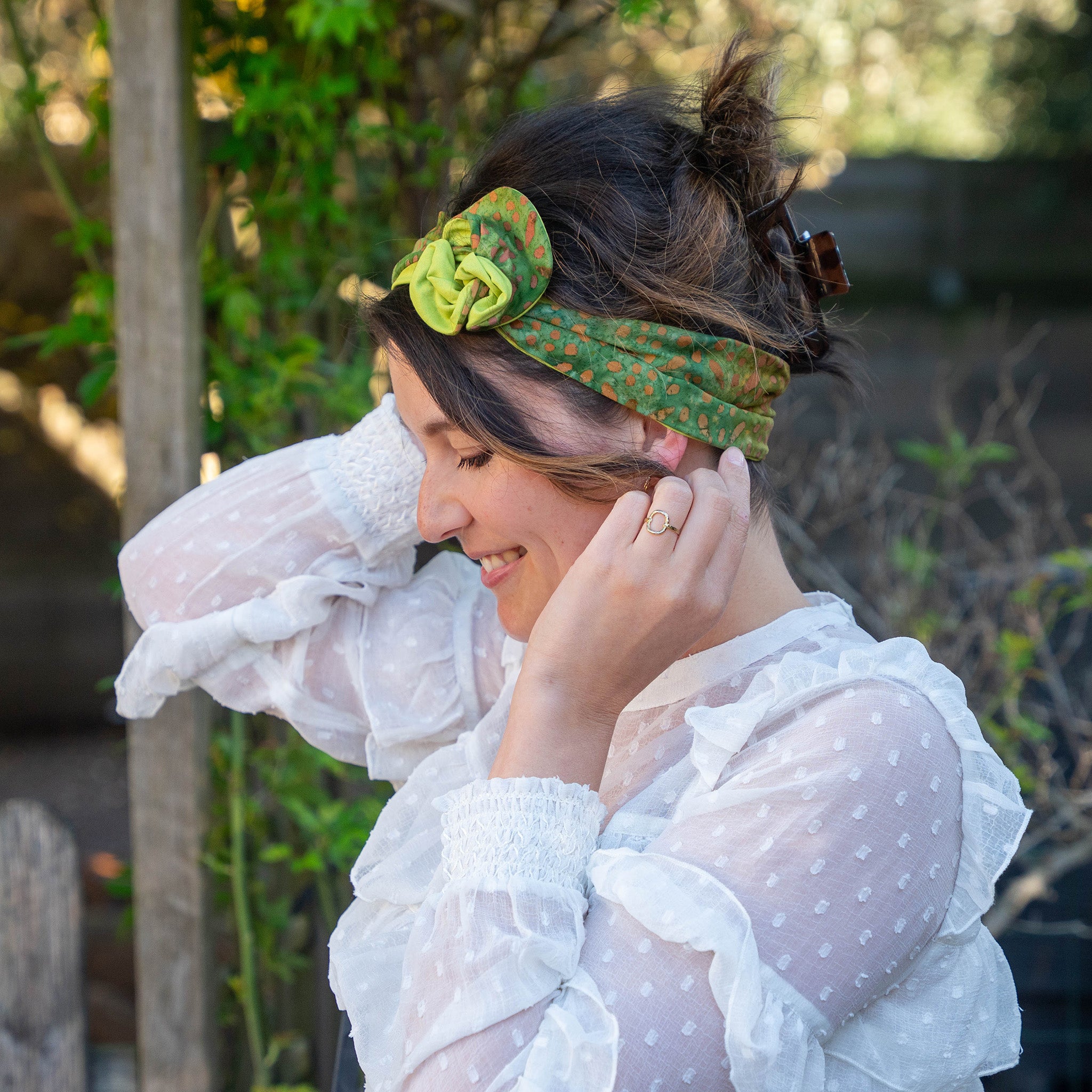 bandeau cheveux femme en coton vert anis et batik
