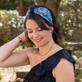 Bandeau cheveux femme en suédine et tissu japonisant bleu turquoise