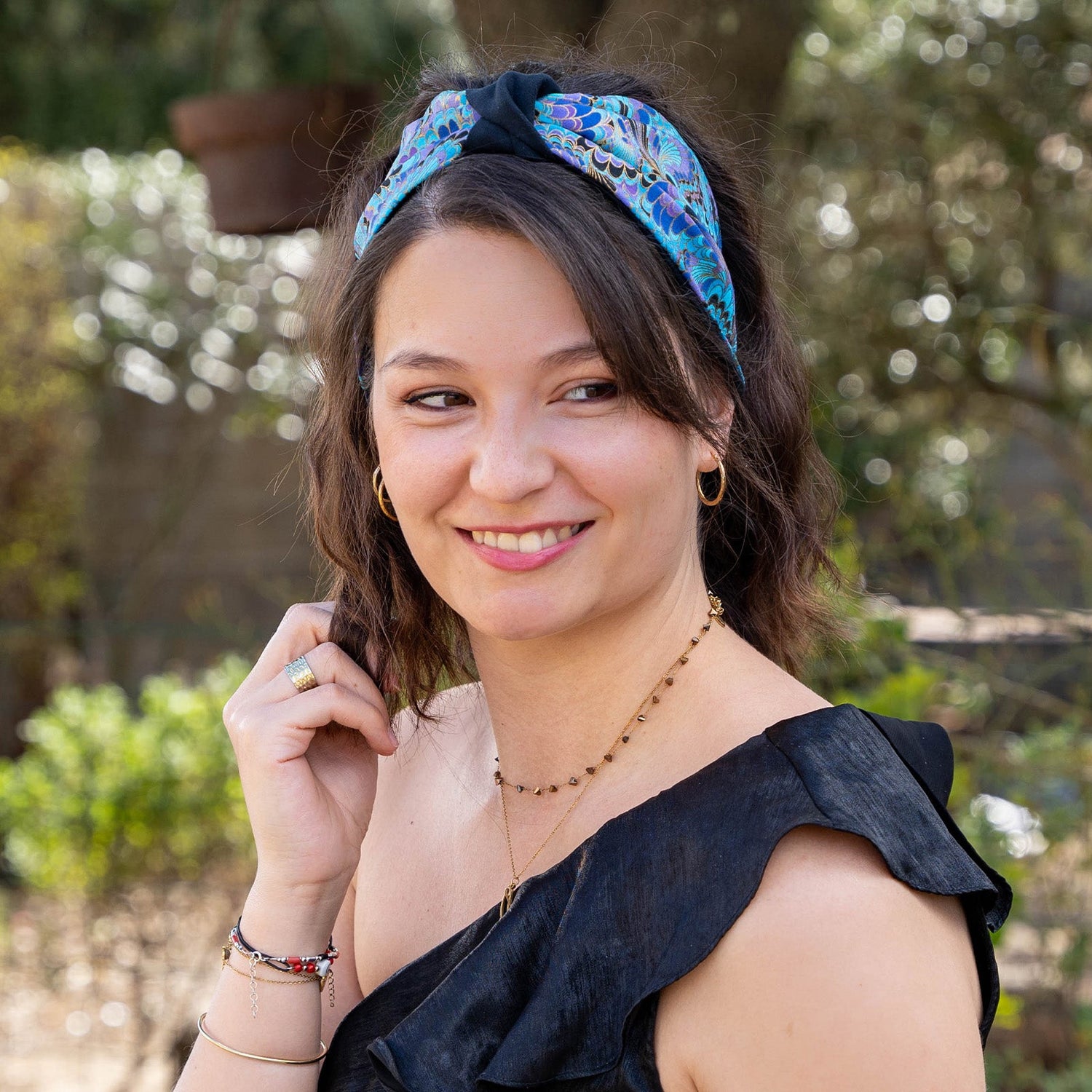 Bandeau cheveux femme en suédine et tissu japonisant bleu turquoise