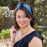 Bandeau cheveux femme en suédine et tissu japonisant bleu turquoise