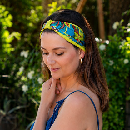 bandeau cheveux avec élastique vert anis et tuquoise