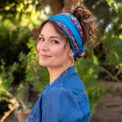 Bandeau cheveux femme rouge et bleu fleuri